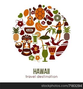 Hawaii sightseeing landmarks and famous vector travel attractions poster. Vector icons of Hawaiian map and flag, aloha and turtle with guitar and dancer, exotic fruits or cocktails and beach palms. Hawaii sightseeing landmarks and famous vector travel attractions poster.