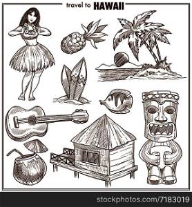 Hawaii travel famous sketch symbols and tourist attraction landmarks or sightseeings. Hawaiian or Honolulu aloha dancer with guitar, coconut and tribal mask or palm beach vector icons set. Hawaii travel famous symbols vector sketch