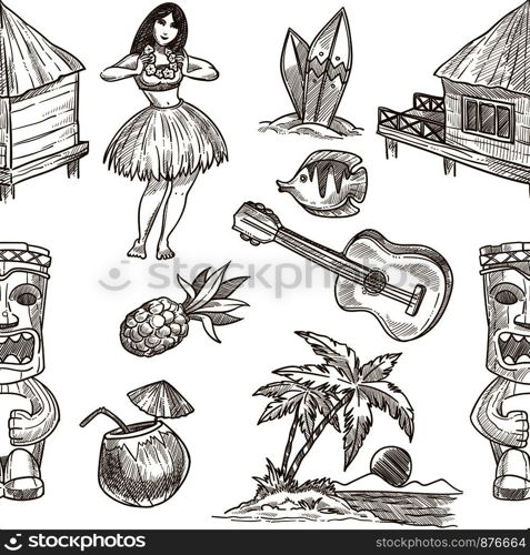 Hawaii travel sketch pattern background. Vector seamless tropical exotic design of Hawaiian symbols Honolulu aloha dancer with guitar, coconut and tribal mask or hut on palm beach. Hawaii sketch vector seamless pattern background