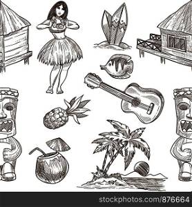 Hawaii travel sketch pattern background. Vector seamless tropical exotic design of Hawaiian symbols Honolulu aloha dancer with guitar, coconut and tribal mask or hut on palm beach. Hawaii sketch vector seamless pattern background
