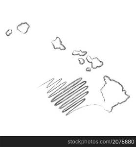 Hawaii US state hand drawn pencil sketch outline map with heart shape. Continuous line drawing of patriotic home sign. A love for a small homeland. T-shirt print idea. Vector illustration.. Hawaii US state hand drawn pencil sketch outline map with the handwritten heart shape. Vector illustration