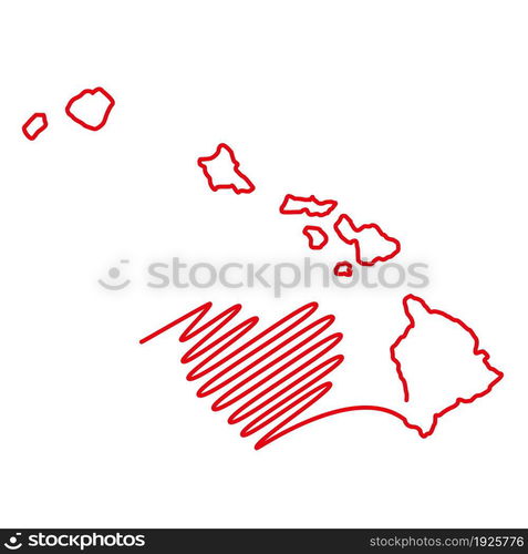 Hawaii US state red outline map with the handwritten heart shape. Continuous line drawing of patriotic home sign. A love for a small homeland. T-shirt print idea. Vector illustration.. Hawaii US state red outline map with the handwritten heart shape. Vector illustration