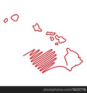 Hawaii US state red outline map with the handwritten heart shape. Continuous line drawing of patriotic home sign. A love for a small homeland. T-shirt print idea. Vector illustration.. Hawaii US state red outline map with the handwritten heart shape. Vector illustration
