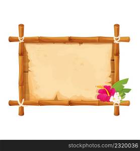Hawaiian bamboo wooden frame with parchment and tropical flowers in cartoon style isolated on white background. Empty signboard, template poster. Vector illustration
