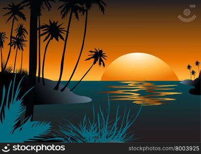 Hawaiian beach with palm trees at sunset