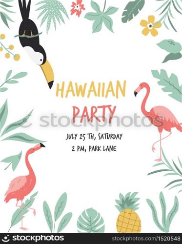 Hawaiian card with toucan, flamingo, flowers and palm leaves. Invitation template, banner, card, poster, flyer Vector illustration. Hawaiian card with toucan, flamingos, flowers and palm leaves. Invitation template, banner, card, poster, flyer