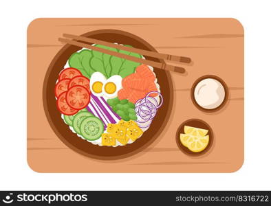 Hawaiian Dish Poke Bowl Food Template Hand Drawn Cartoon Flat Illustration with Rice, Tuna, Fresh Fish, Egg and Vegetables Design