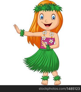 Hawaiian girl dancing hula on white background