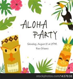 Hawaiian Luau Party invitation template with toucan and tribal totems. Hawaiian Luau Party invitation template, banner