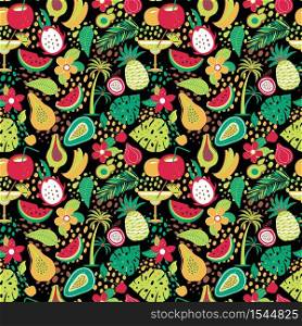 Hawaiian seamless pattern with tropical fruits and flowers. Vector illustration surface print on black background.
