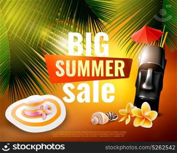 Hawaiian Summer Sale Poster. Hawaiian summer sale poster with hat, shells, tiki mug, flowers, palm branches on sunset background vector illustration