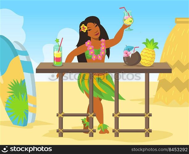 Hawaiian woman selling exotic cocktails drinks on beach. Hawaii sea shore tropical nature. Flat vector illustration. Summer vacation travel resort concept