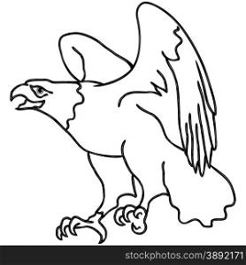 Hawk with outstretched wings during landing, cartoon vector outline