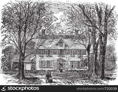 Hawthorne House at Concord, Massachusetts vintage engraving. Old engraved illustration of treelined path leading towards old manse, during 1890s.