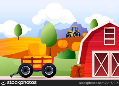 Hay bales cartoon landscape. Rural scene with flat haystack, horizontal countryside scenery farm field. Vector panoramic illustration. Farm barn, tractor working on field, rolled straw. Hay bales cartoon landscape. Rural scene with flat haystack, horizontal countryside scenery farm field. Vector panoramic illustration