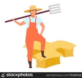 Hay harvesting flat vector illustration. Farm worker with pitchfork cartoon character isolated on white background. Farmer in overalls working with haybales. Autumn harvest, hay stacking and storing