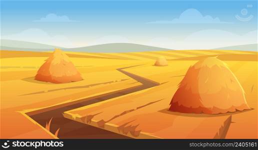 Haystack background. Rural village landscape farm wheat field with round and square stack on horizon exact vector illustration. Haying rural farming, farm haystack. Haystack background. Rural village landscape farm wheat field with round and square stack on horizon exact vector illustration