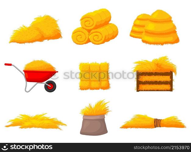 Haystacks. Harvest haystack straw, natural hay. Autumn agriculture, farm harvesting and wheat pile in wooden box. Isolated hayloft recent vector set. Illustration of farm hay and autumn haystack. Haystacks. Harvest haystack straw, natural hay. Autumn agriculture, farm harvesting and wheat pile in wooden box. Isolated hayloft recent vector set