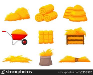 Haystacks. Harvest haystack straw, natural hay. Autumn agriculture, farm harvesting and wheat pile in wooden box. Isolated hayloft recent vector set. Illustration of farm hay and autumn haystack. Haystacks. Harvest haystack straw, natural hay. Autumn agriculture, farm harvesting and wheat pile in wooden box. Isolated hayloft recent vector set