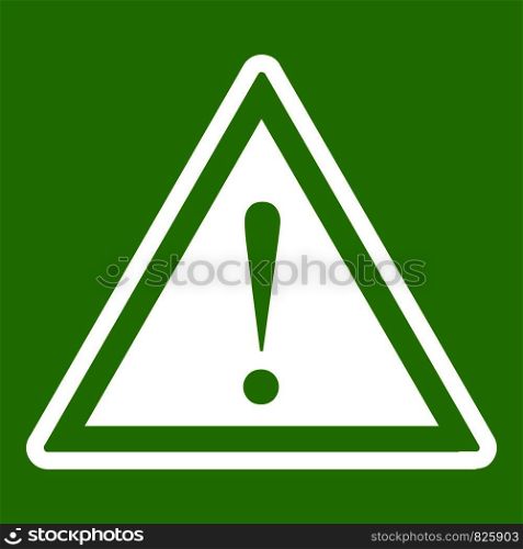 Hazard warning attention sign with exclamation mark icon white isolated on green background. Vector illustration. Warning attention sign with exclamation mark icon green