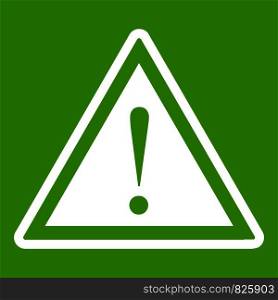 Hazard warning attention sign with exclamation mark icon white isolated on green background. Vector illustration. Warning attention sign with exclamation mark icon green