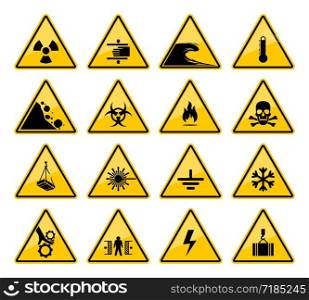 Hazard warning sign vector icons of danger caution and safety attention. Isolated yellow triangles with risk of toxic, flammable and high voltage, biohazard, radiation, laser, crushing and temperature. Warning signs of hazard and danger caution