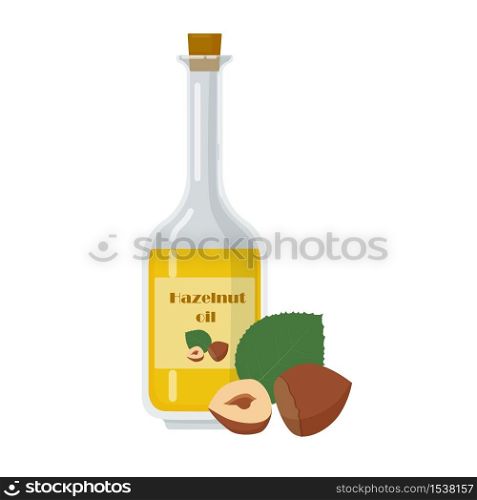 Hazelnut oil in glass bottle on white background. Organic Product for cosmetics or beauty care. Nut and leaf near glass container vector illustration.