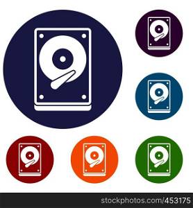 HDD icons set in flat circle reb, blue and green color for web. HDD icons set