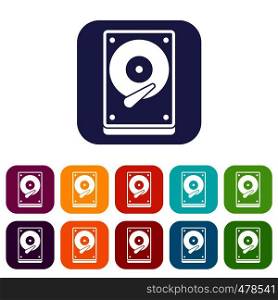HDD icons set vector illustration in flat style in colors red, blue, green, and other. HDD icons set