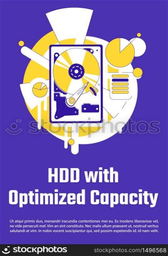 HDD with optimized capacity poster flat silhouette vector template. Data storage hardware brochure, booklet one page concept design with cartoon characters. Hard drive flyer, leaflet with text space. HDD with optimized capacity poster flat silhouette vector template