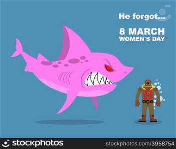 He forgot about 8 March. International womens day. Wicked Pink shark scares diver old suit. Farted from fear go bubbles. Vector humorous greeting card holiday&#xA;