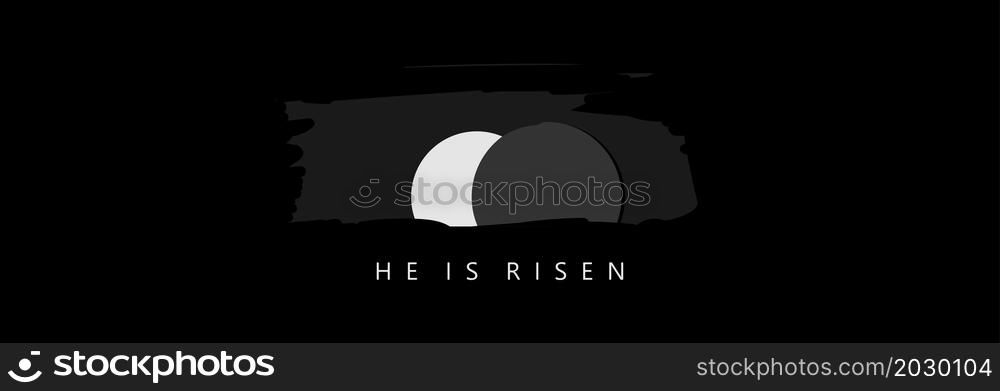 He is risen and an empty burial cave on a black background. Easter.
