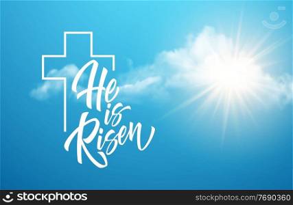 He was resurrected lettering against a background of clouds and sun. Background for congratulations on the Resurrection of Christ. Vector illustration EPS10. He was resurrected lettering against a background of clouds and sun. Background for congratulations on the Resurrection of Christ. Vector illustration