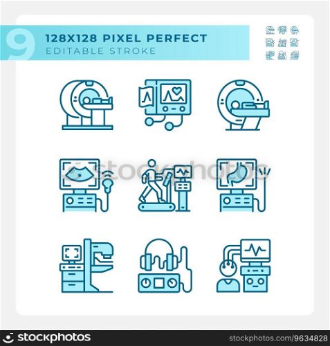 Hea<h care technologyπxel perfect light blue icons. Medical innovation. Hea<hcare industry. RGB color. Website icons set. Simp≤design e≤ment. Contour drawing. Li≠illustration. Hea<h care technologyπxel perfect light blue icons