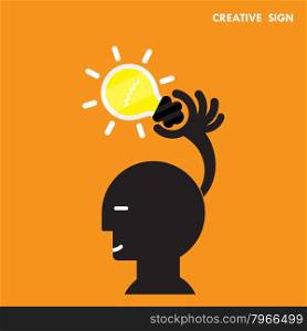 Head and Creative bulb light idea,flat design.Concept of ideas inspiration, innovation, invention, effective thinking, knowledge and education. Business and concept and businessman hand.Vector illustration