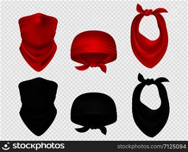 Head bandanas, neck scarf and balaclava realistic vector set isolated on white background illustration. Head bandanas, neck scarf and realistic vector set