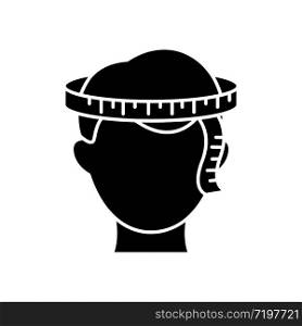 Head circumference black glyph icon. Human body measuring parameter silhouette symbol on white space. Dimensions specification for bespoke headwear, custom made hat. Vector isolated illustration