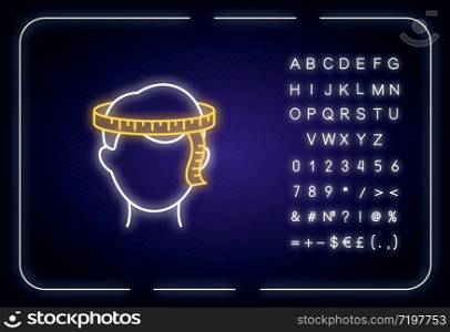 Head circumference neon light icon. Outer glowing effect. Sign with alphabet, numbers and symbols. Dimensions specification for bespoke, custom made hat. Vector isolated RGB color illustration