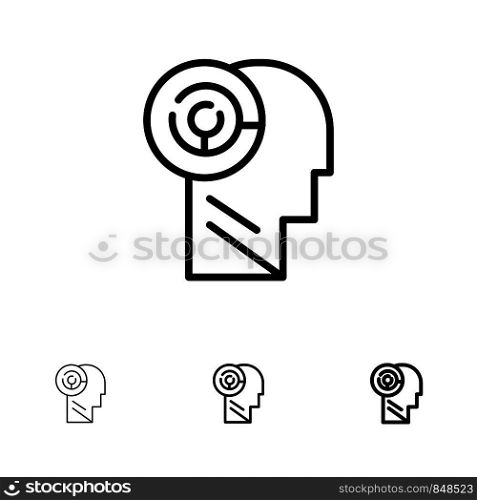 Head, Games, Mind, Target Bold and thin black line icon set