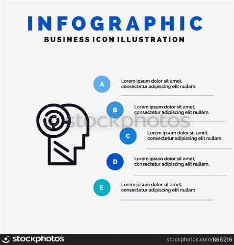 Head, Games, Mind, Target Line icon with 5 steps presentation infographics Background