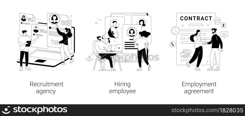 Head hunting abstract concept vector illustration set. Recruitment agency, hiring employee, employment agreement, job listing, resume, vacant job position, contract form, interview abstract metaphor.. Head hunting abstract concept vector illustrations.