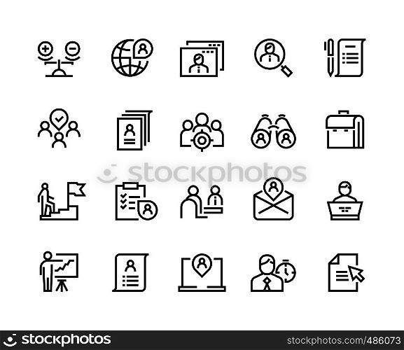 Head hunting line icons. Job interview career candidate company human resources people search. Corporate professional business team vector set. Head hunting line icons. Job interview career candidate company human resources people search. Corporate professional vector set