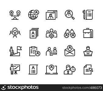 Head hunting line icons. Job interview career candidate company human resources people search. Corporate professional business team vector set. Head hunting line icons. Job interview career candidate company human resources people search. Corporate professional vector set