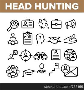 Head Hunting Service Linear Vector Icons Set. Head Hunting, Recruitment, Employment . Building Successful Career Symbols Pack. Hiring Process Pictograms Collection. HR Management Outline Illustrations. Head Hunting Service Linear Vector Icons Set