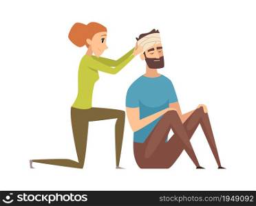 Head injury. Man with bandage needs help. Nursing or first aid, medical worker and patient vector illustration. Injury man head with bandage, emergency aid after accident. Head injury. Man with bandage needs help. Nursing or first aid, medical worker and patient vector illustration