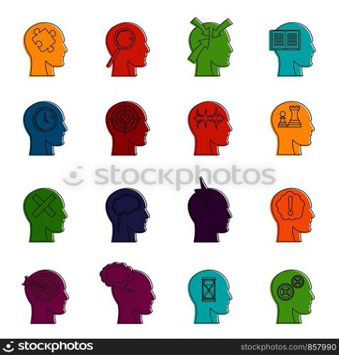 Head logos icons set. Doodle illustration of vector icons isolated on white background for any web design. Head logos icons doodle set