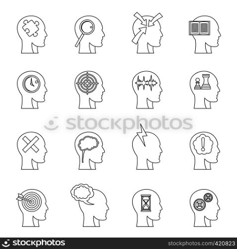 Head logos icons set. Outline illustration of 16 head logos vector icons for web. Head logos icons set, outline style