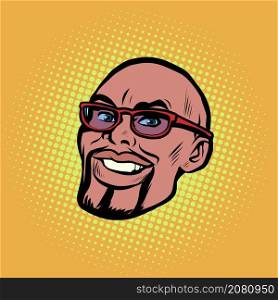 Head male African American portrait. Businessman with glasses, smile happiness. Pop Art Retro Vector Illustration Vintage kitsch 50s 60s Style. Head male African American portrait. Businessman with glasses, smile happiness