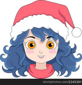 head of a girl with curly and beautiful blue hair, cartoon character design