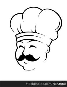 Head of a smiling chef wearing a traditional white toque with a curling black moustache, black and white doodle sketch. Smiling chef with a curling black moustache